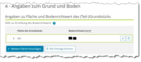 Die Eingabe bei Elster ist zu sehen. Unter Punkt 4 der Anlage Grundstück wird bei den Angaben zum Grund und Boden die Fläche des Grundstücks mit 800 eingetragen.