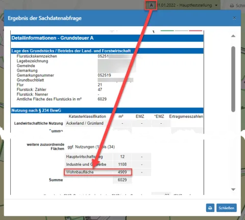 Es ist ein Screenshot aus dem Geodatenportal zu sehen. Dort sieht man die angegebene Wohnbaufläche.